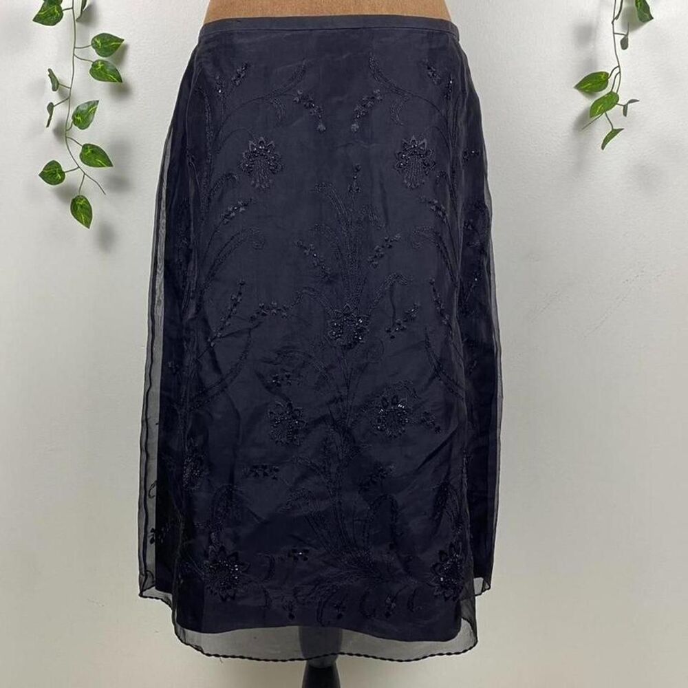 100% silk Black beaded whimsigoth midi skirt embroidered floral goth romantic